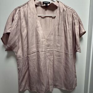 Pink V-Neck Silky Rouched Sleeve Blouse